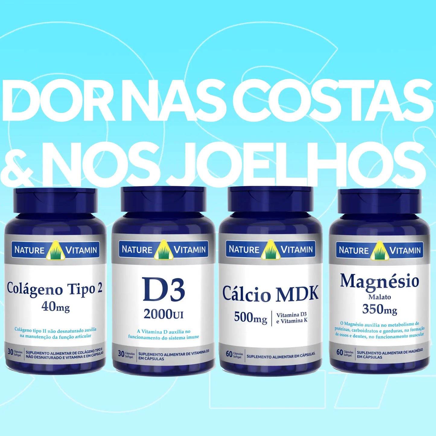 Kit Costas e Joelhos: Colágeno Tipo 2, Magnesio Malato, Calcio MDK, Vitamina D3