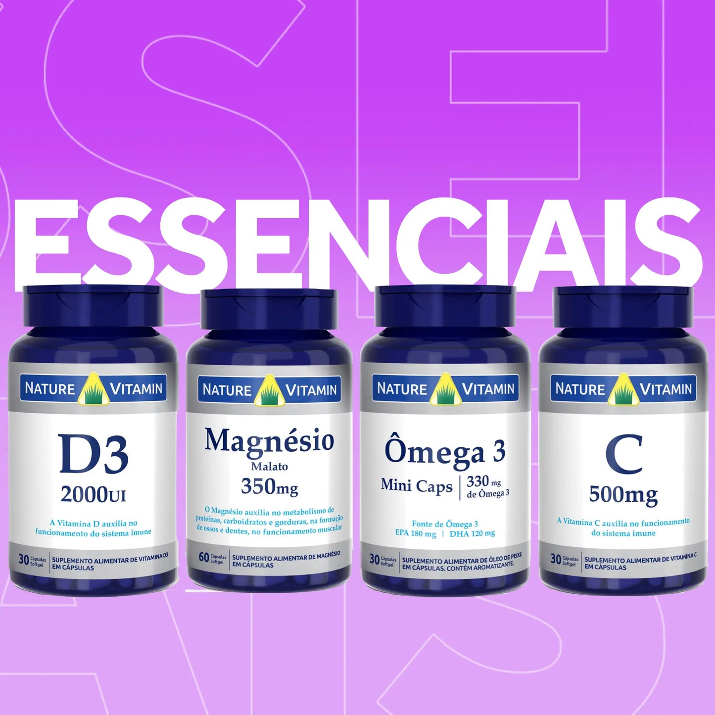 Kit Essenciais: Vitamina D3, Ômega 3, Magnesio Malato, Vitamina C