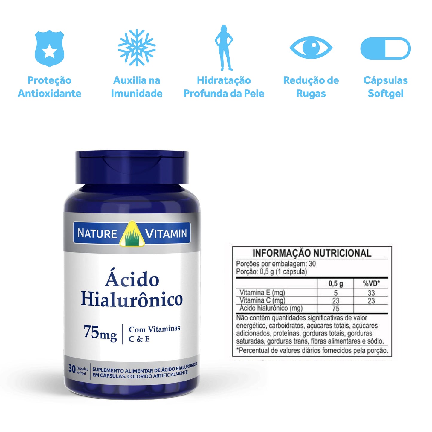 Ácido Hialurônico 75mg - 30 Cáps Softgel - Nature Vitamin (SCP)