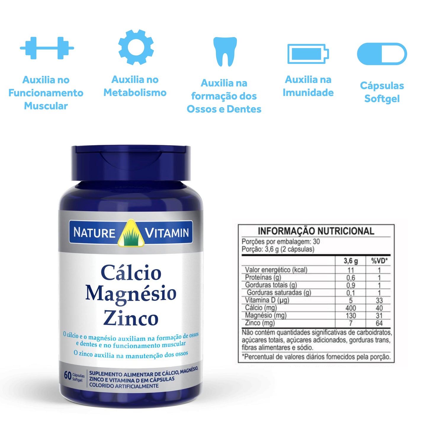 Cálcio Magnésio Zinco - 60 Cáps Softgel - Nature Vitamin (SCP)