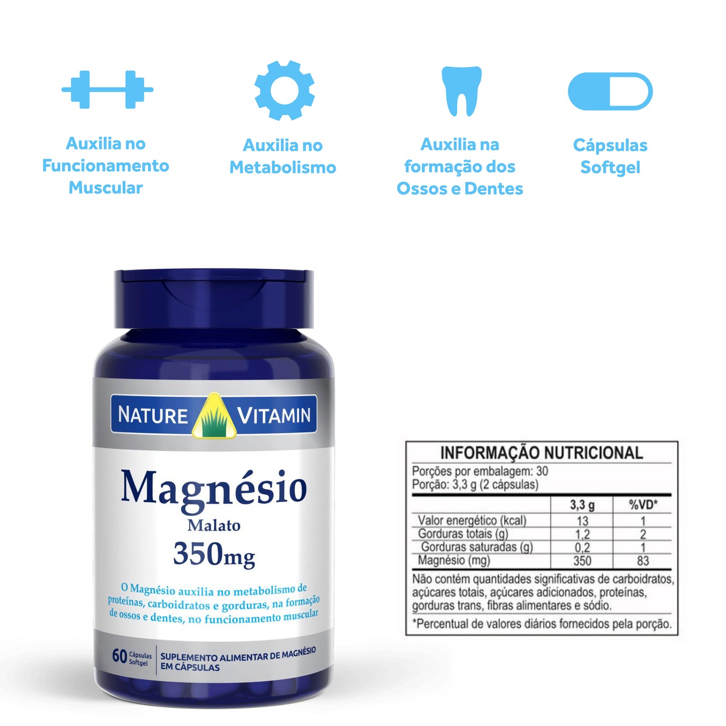 Magnésio Malato 350mg - 60 Cáps Softgel - Nature Vitamin (SCP)