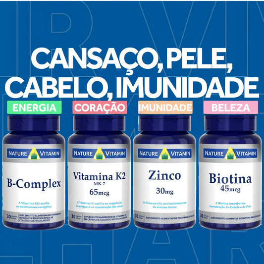 Kit Cansaço, Pele, Cabelo, Imunidade: Complexo B, Biotina, Vitamina K2, Zinco
