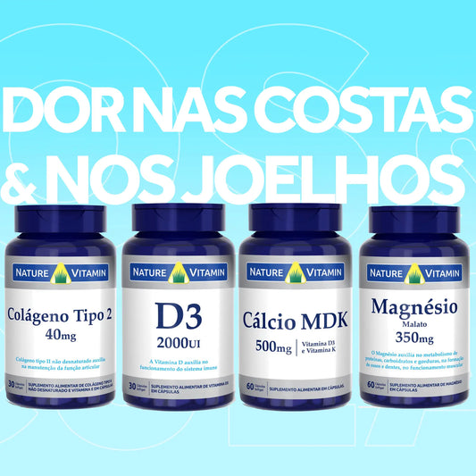 Kit Costas e Joelhos: Colágeno Tipo 2, Magnesio Malato, Calcio MDK, Vitamina D3