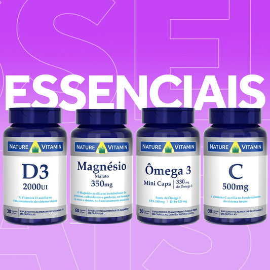 Kit Essenciais: Vitamina D3, Ômega 3, Magnesio Malato, Vitamina C