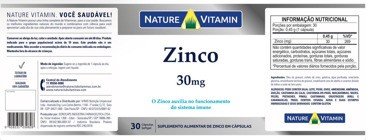 Zinco 30mg - 30 Cáps Softgel - Nature Vitamin (SCP)