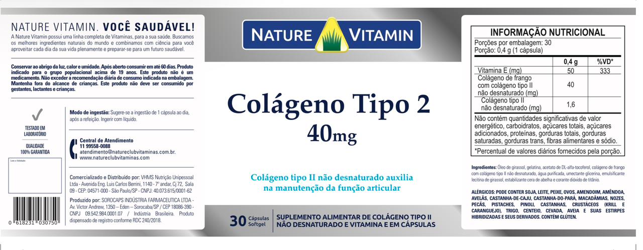 Colágeno Tipo 2 40mg - 30 Cáps Softgel - Nature Vitamin (SCP)